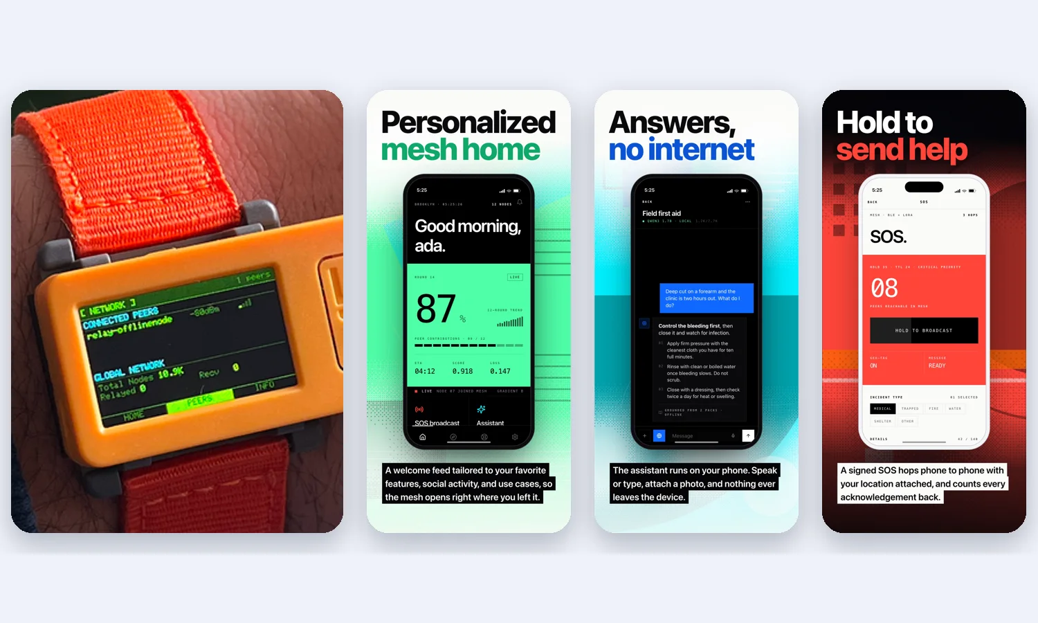 The IntelligenceMesh relay on a wrist beside its app answering a first-aid question with no internet