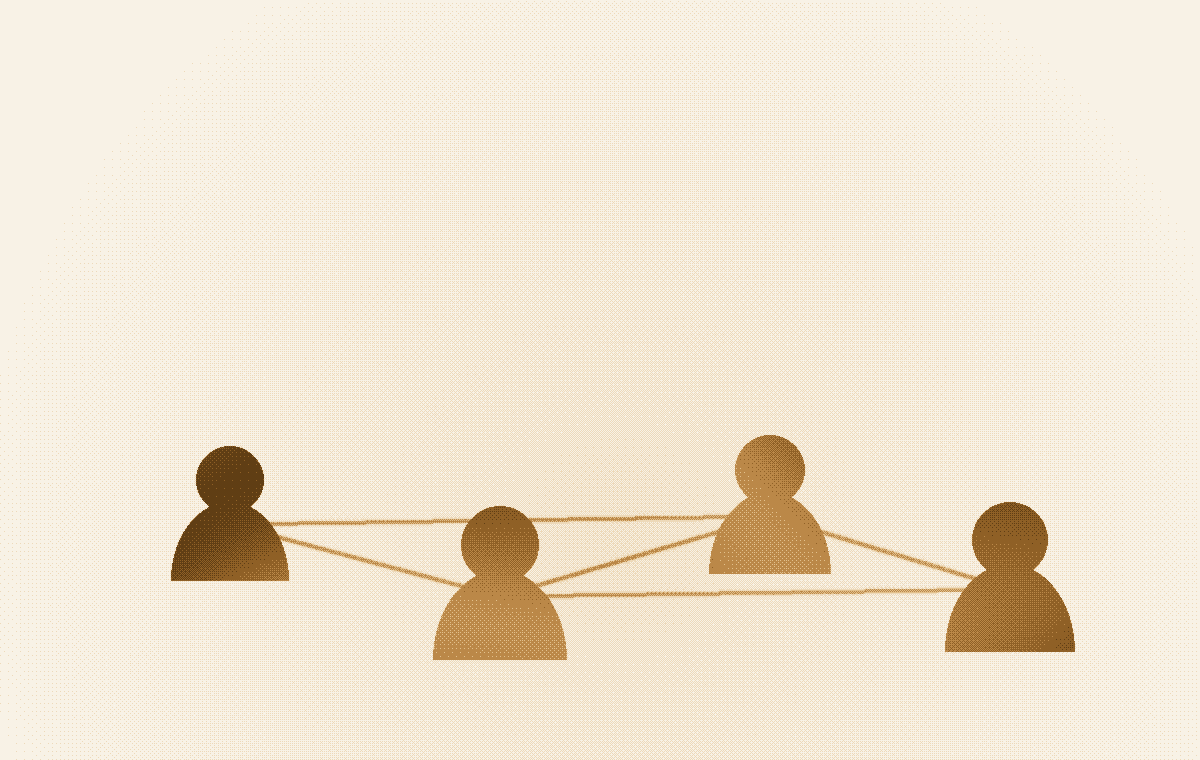 Dithered watercolor illustration of a scattered field crew joined by a coordination mesh.