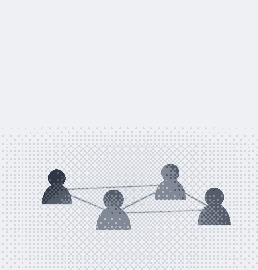Dithered watercolor illustration of a work crew of figures joined by a coordination mesh.