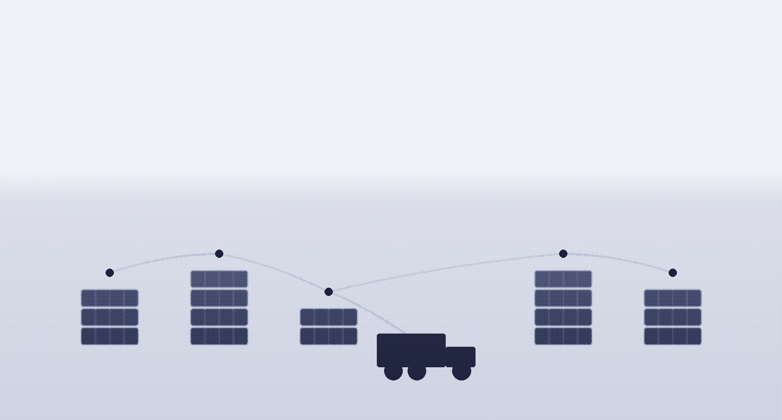 Dithered watercolor illustration of a container yard with a rooftop node mesh and a truck linked in.