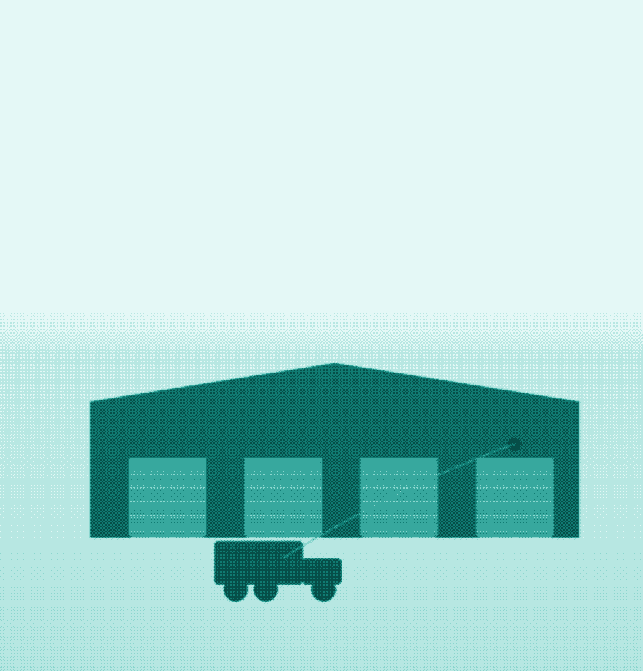 Dithered watercolor illustration of a warehouse dock with loading bays and a truck backing in.