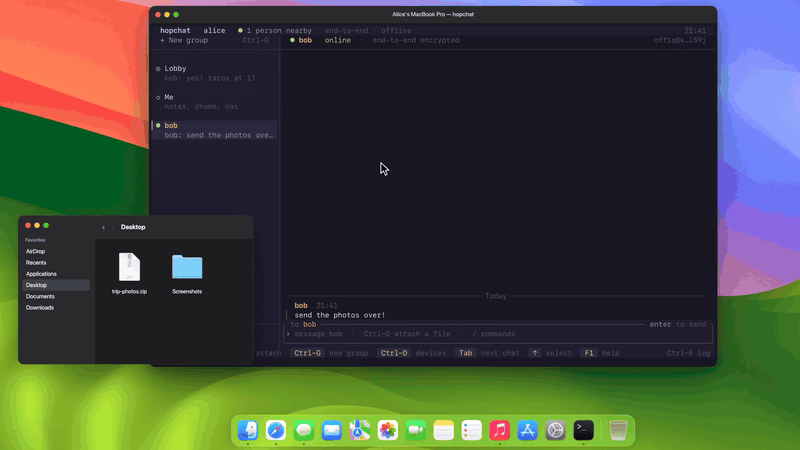 Animation: Alice drags trip-photos.zip from Finder onto hopchat, a progress bar fills on both laptops, and the file is saved in Bob's Downloads/hopchat folder.