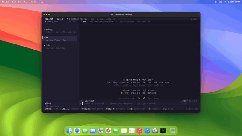 Animation: the hopchat Devices panel finds a Wiz light, then an @home message turns a rendered lamp purple and dims it next to the chat.