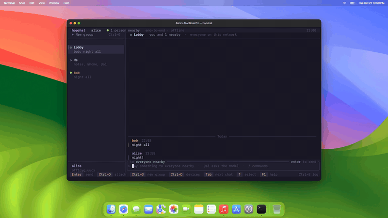 Animation: a headless machine named backup-box runs hopchat with --say, and the message nightly backup finished arrives in Alice's chat like any other message.