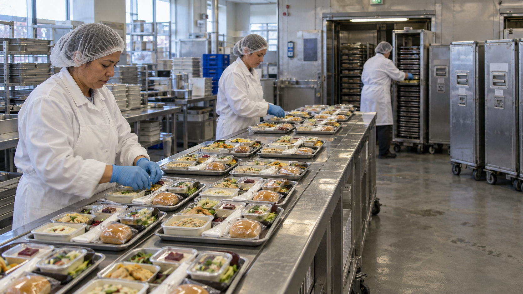 Airline catering staff prepare meal trays beside dispatch carts in a production facility.