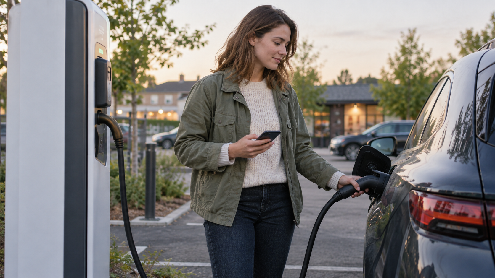 A driver at an electric charging station checks a companion phone while handling the connector.