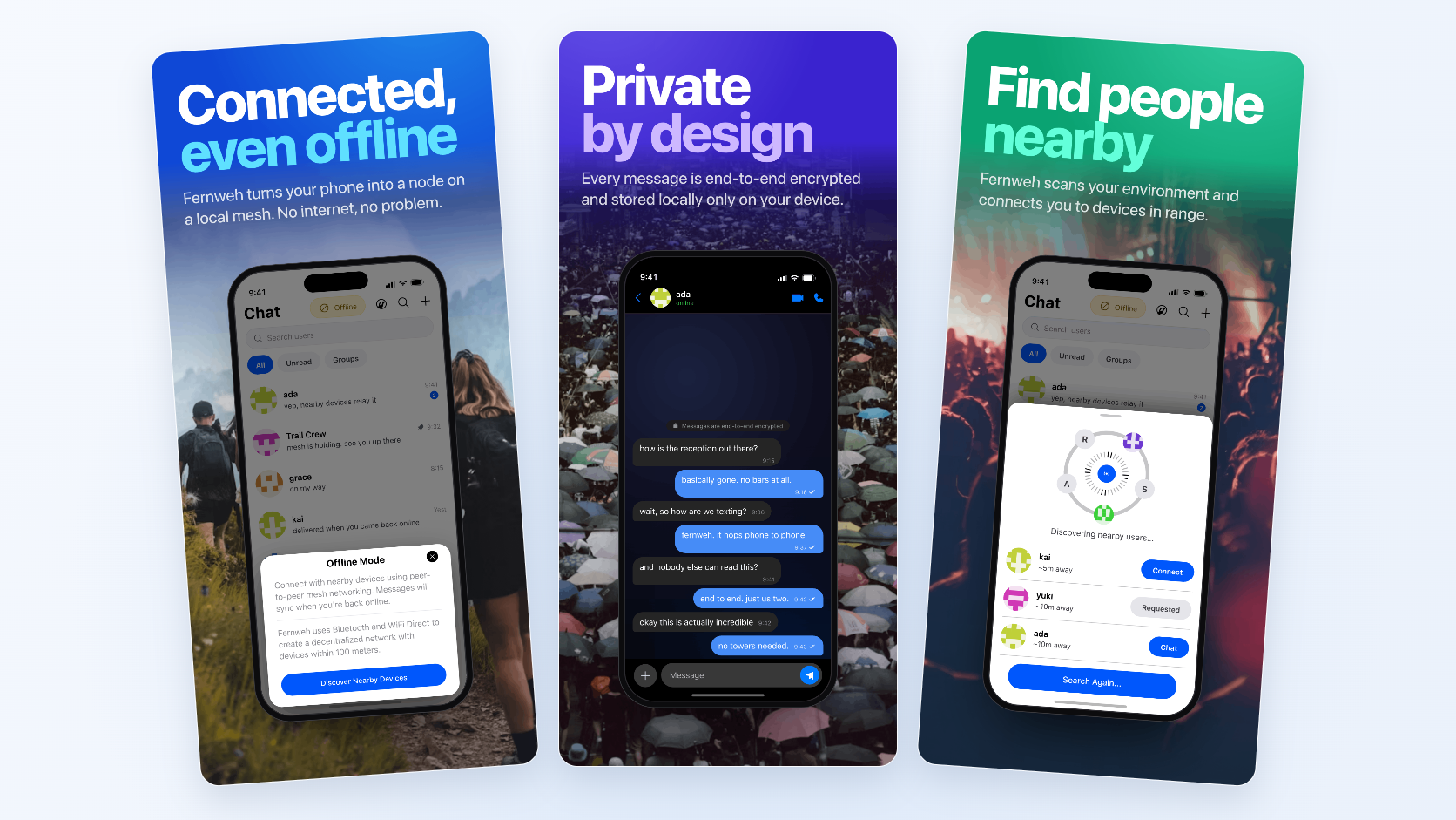 Actual Fernweh App Store artwork showing offline conversations, private messaging, and nearby discovery.