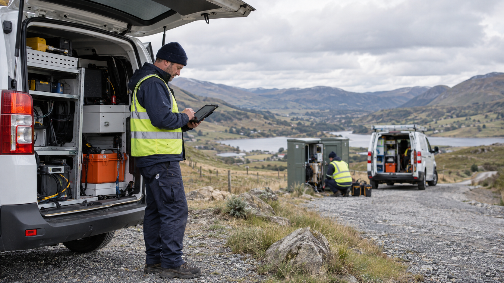Field technicians beside service vehicles coordinate a remote maintenance visit using a rugged tablet.