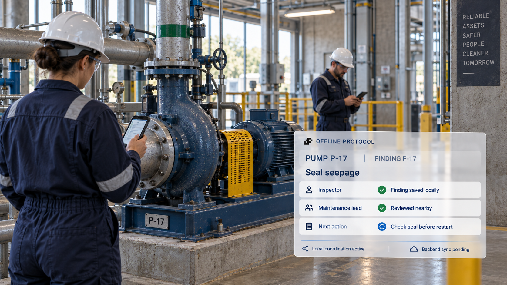 An inspector and a nearby maintenance lead use phones beside pump P-17, with an integrated inspection interface showing local capture, lead review, and pending backend synchronization.
