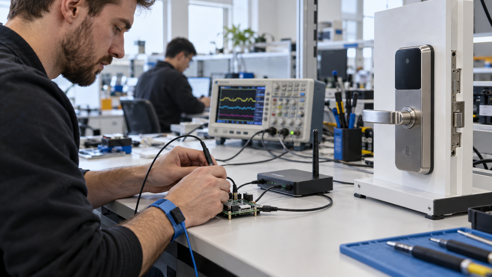 An embedded engineer validates a development board connected to a gateway and smart-access product.