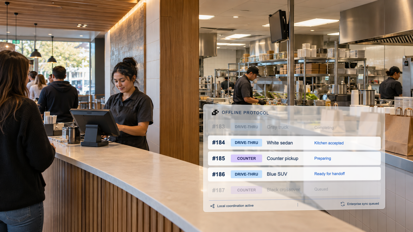 Restaurant counter and kitchen with an illustrative Offline Protocol order-events overlay.