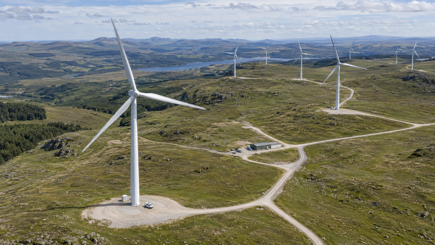 Aerial view of a distributed wind site and the roads connecting its turbines.