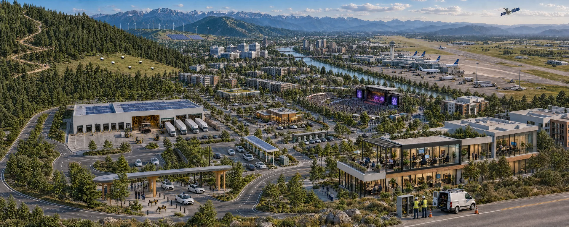City panorama showing industrial facilities, autonomous transport, remote energy sites, outdoor recreation, and a concert venue.