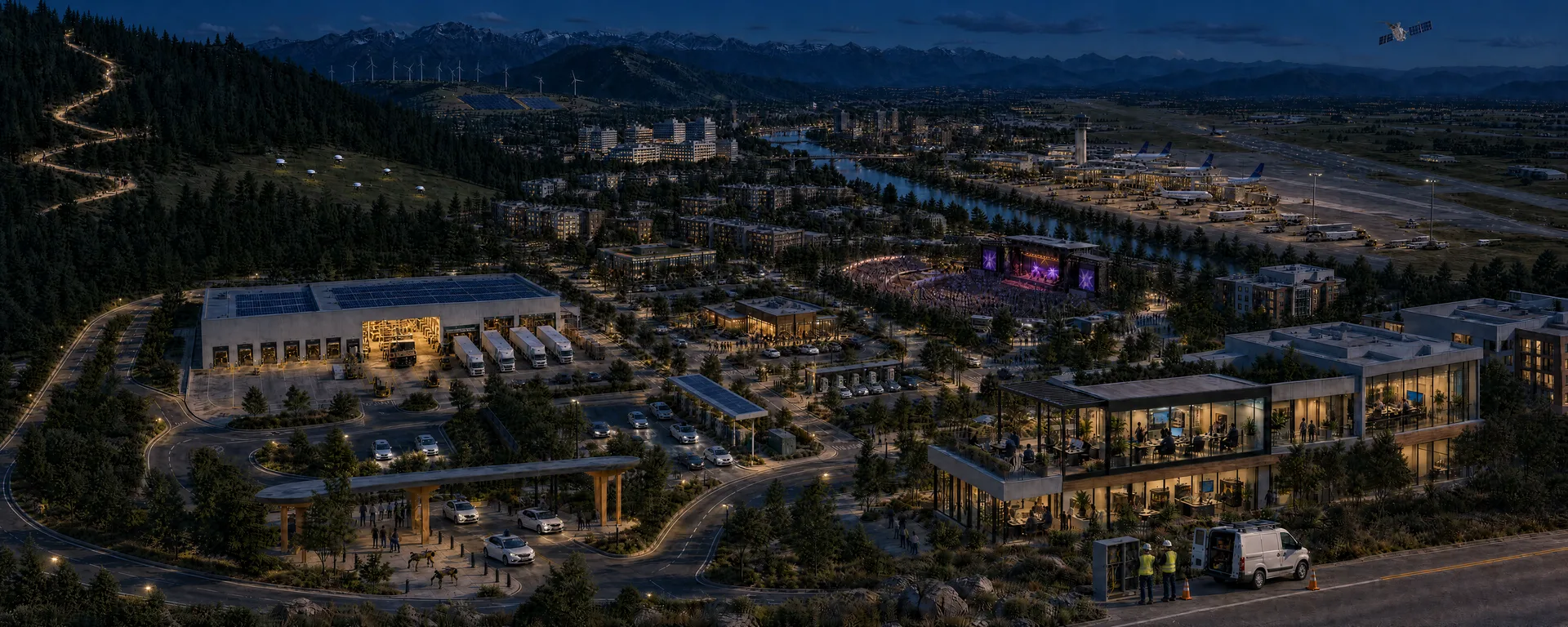 City panorama showing industrial facilities, autonomous transport, remote energy sites, outdoor recreation, and a concert venue.
