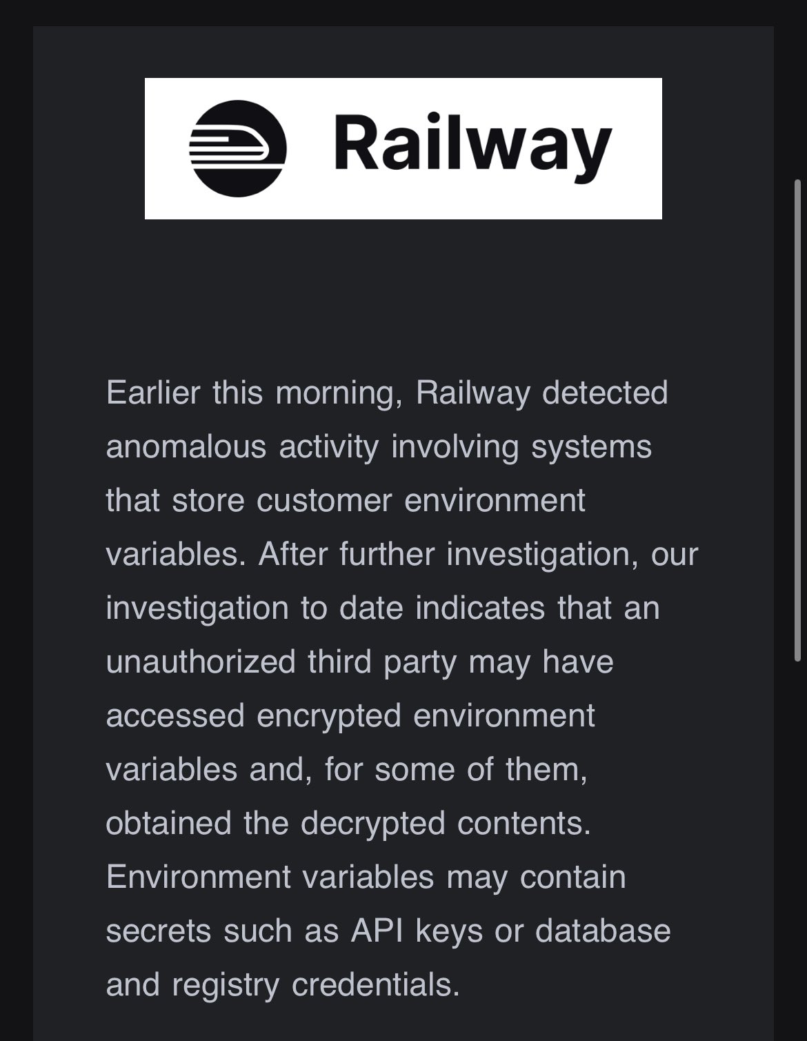 Screenshot of a Railway notice about unauthorized access to encrypted environment variables.