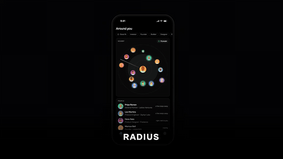 Demo of Radius: a live radar of people nearby and an AI ranking of who to talk to first.
