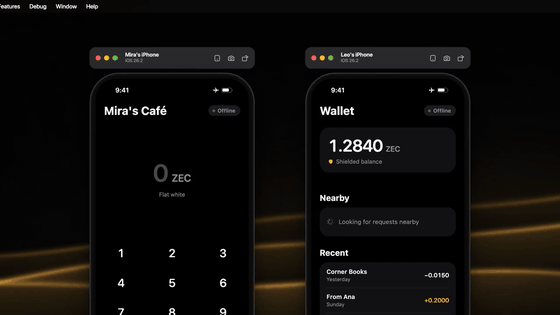 Demo: two iPhones in airplane mode complete a 0.042 ZEC payment between a café and a customer wallet over Bluetooth.