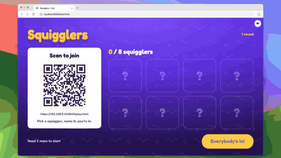 Demo of Squigglers: players join from their phones, draw a secret prompt, write fake titles and vote on the TV screen.